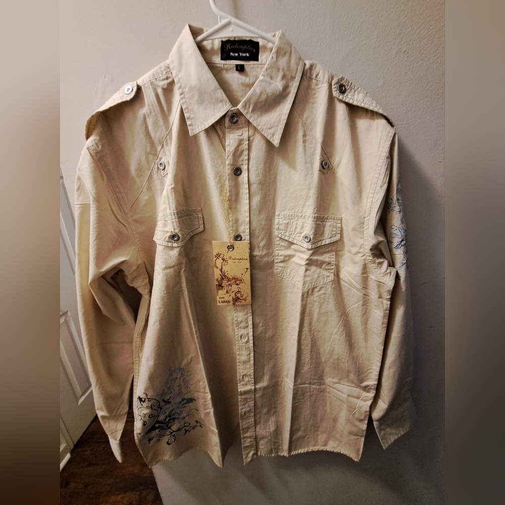 Redemption, Men's Shirt, Long-sleeved, Size (L) Large, Color Tan, Blue, NWT